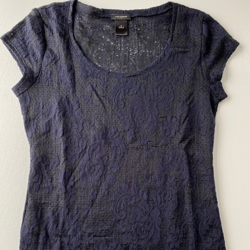 Navy Overlay Stretch Lace Short Sleeve Shirt